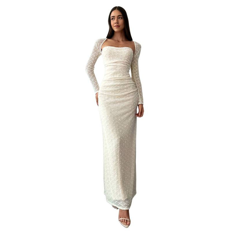 Aliexpress 1688 independent station women's elegant square neck jacquard knitted long sleeve dress gown