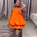 European and american cross-border women's fashion:  autumn new arrival - elegant hollow-out halter neck tulip puff skirt sleeveless mini dress