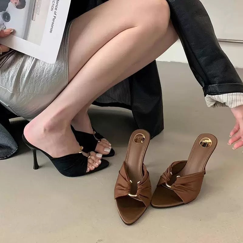 2025 summer new pointed-toe high heel stiletto brown mules & slides - women's sexy, versatile open-toe sandals for outdoor wear