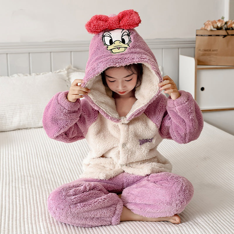 Girls' cartoon strawberry bear hooded pajamas - winter home wear two-piece set - warm, fleece-lined, and extra thick (sizes for toddlers to big kids)
