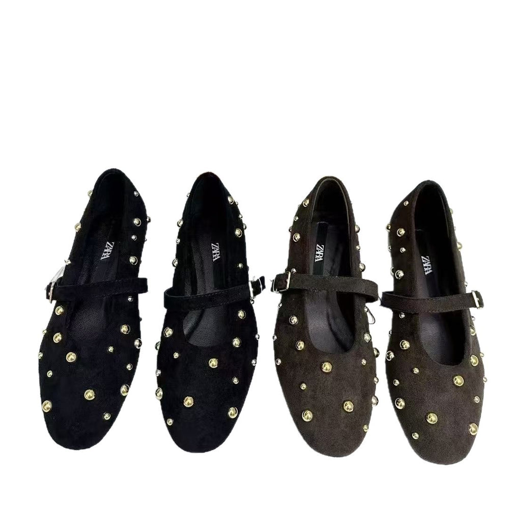 Za spain 2025 summer new arrival: single strap round toe rivet detail black brown suede ballet flats for women