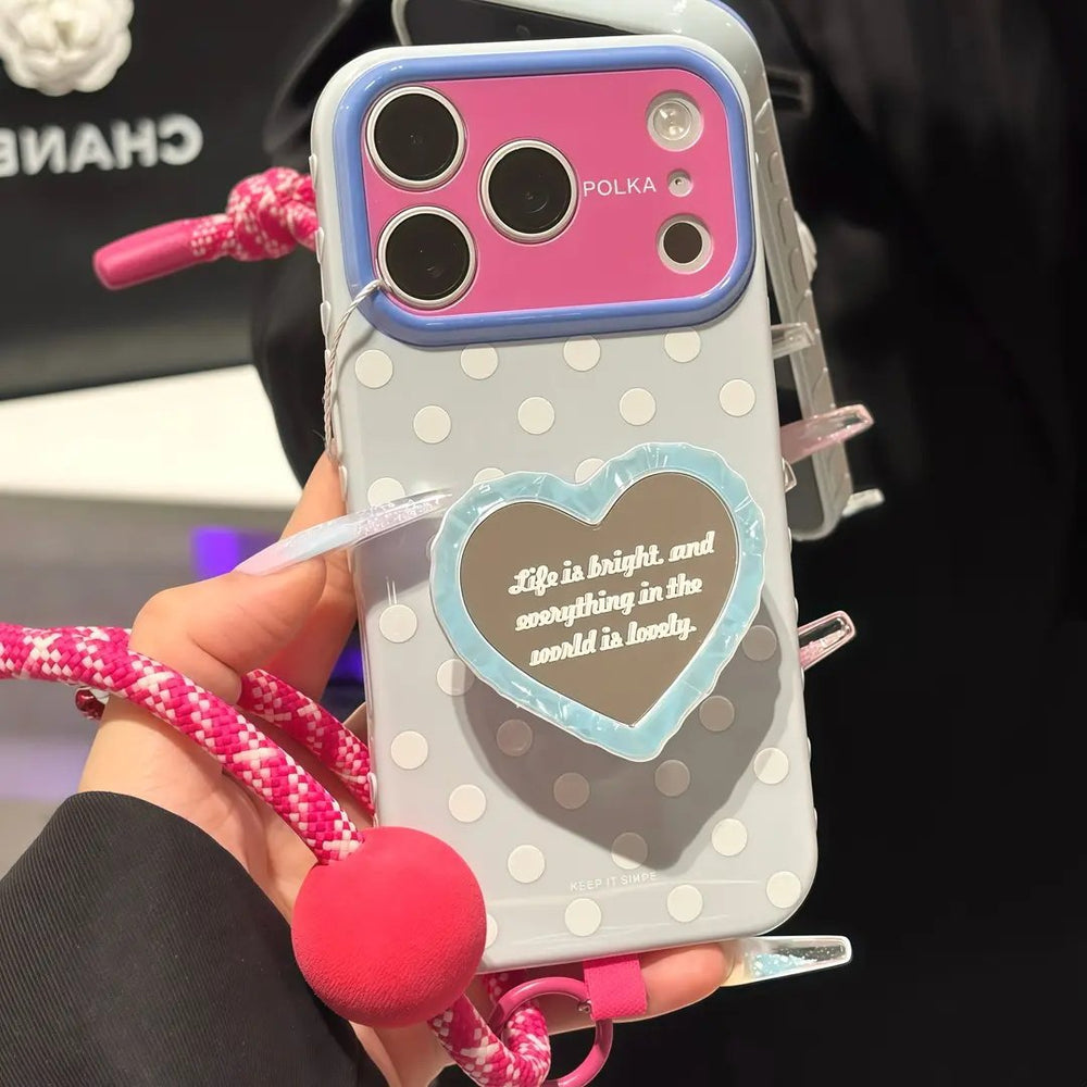 Suitable for apple 17promax mobile phone case polka dot love mirror holder color ball lanyard iphone18 soft case 15