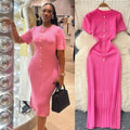 Elegant knittingnew arrivalclassy round neck single breasted short sleeve silmslimming lookfrench mid-length dress