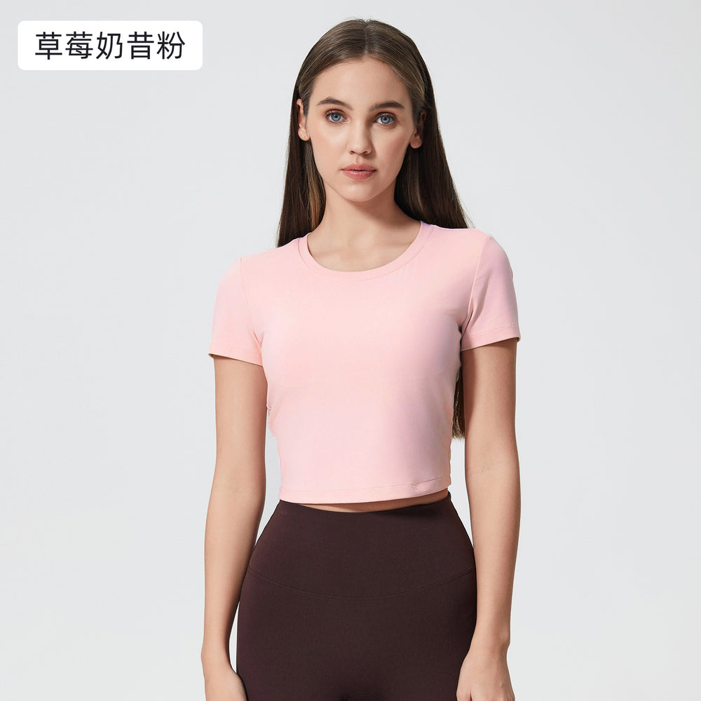 Women's yoga top - short sleeve, cutout back, drawstring, ruched, breathable, outdoor sports, fixed cup, fitness top d25061