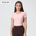 Women's yoga top - short sleeve, cutout back, drawstring, ruched, breathable, outdoor sports, fixed cup, fitness top d25061