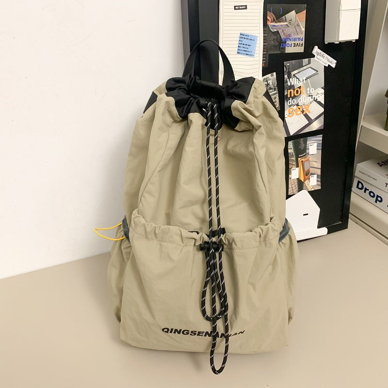 New Korean version drawstring retro backpack, lightweight and trendy junior high school student schoolbag, sports outdoor travel backpack