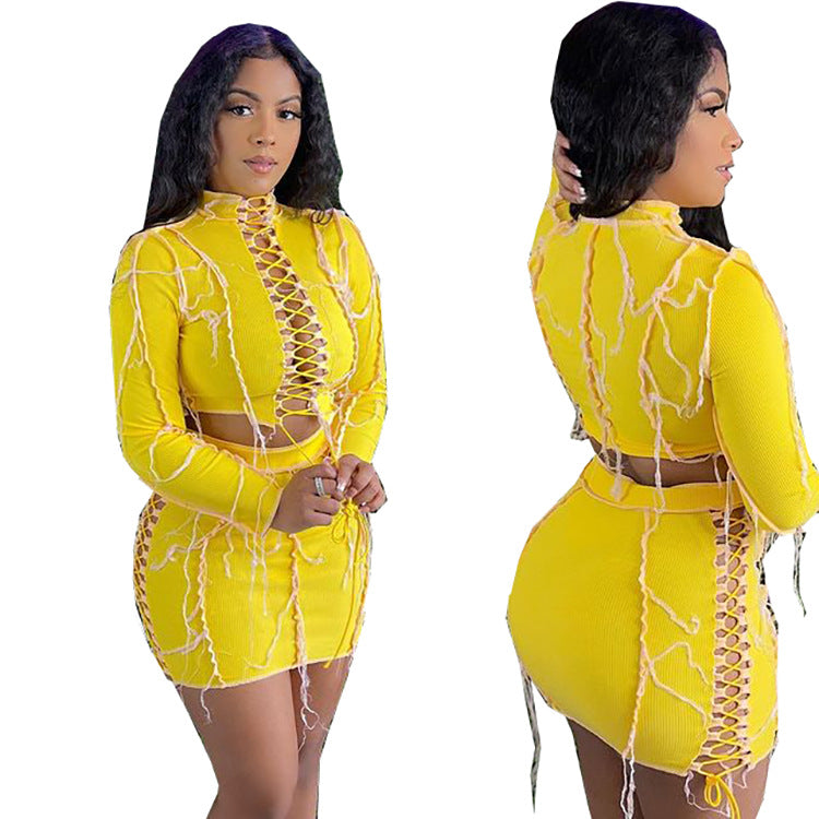 spring new european and american export women's clothing   fashionable sexy solid color drawstring mini skirt set