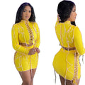 spring new european and american export women's clothing   fashionable sexy solid color drawstring mini skirt set