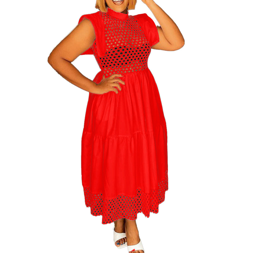 D3056m summer flying sleeves cut outpatchworkelegantwork clothingloosea-line skirtplus size cross-border dress