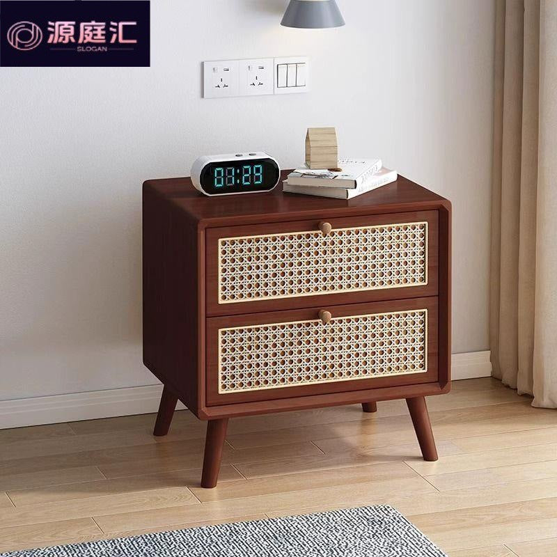 Rattan bedside table wooden cherry color walnut color log color scandinaviancasual style mini solid wood storage cabinet