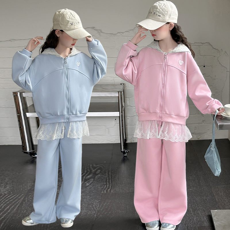 Girls' outfit set -  autumn new arrival - stylish and casual lace hooded jacket & wide-leg pants tracksuit two-piece set (big kids)