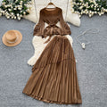 Fashionsense of design strappy waist flared sleeves asymmetrical pleated topshigh waistslimming look large swing skirt suit