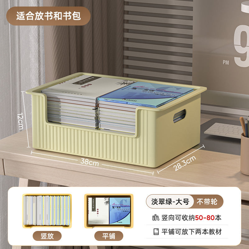 Under-desk book storage box with universal wheels - movable bookcase for students, classroom use, desktop book organizer, bookshelf