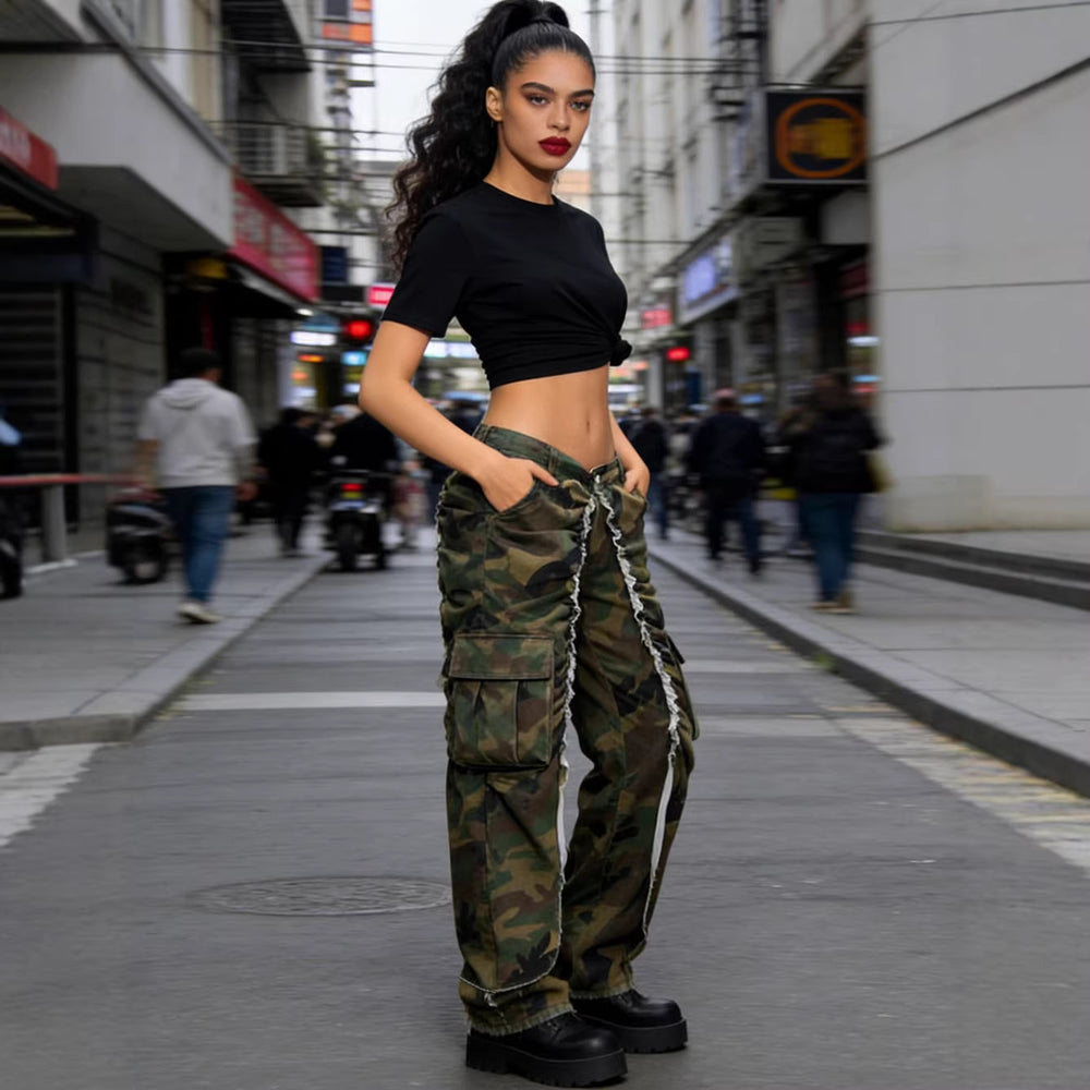 European and american style camouflage jeans -  cross-border women's fashion, unique pocket design, pleated, distressed hem, casual pants