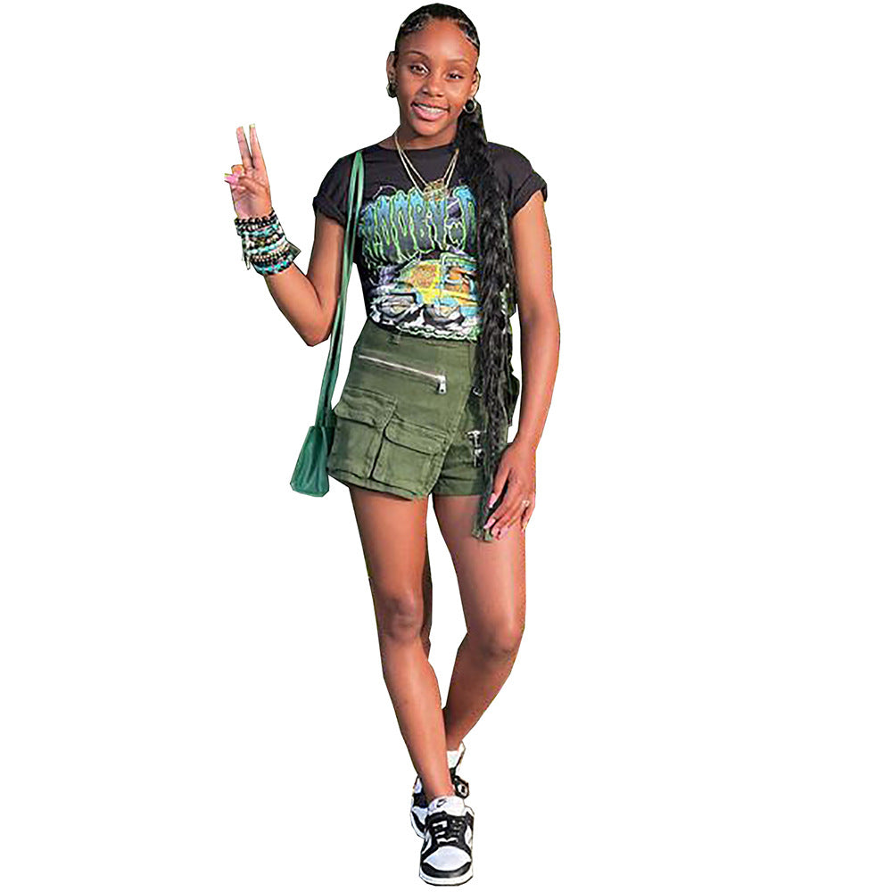 European and american cross-border women's fashion  summer new arrivals: irregular multi-pocket cargo shorts, loose-fit zipper jeans