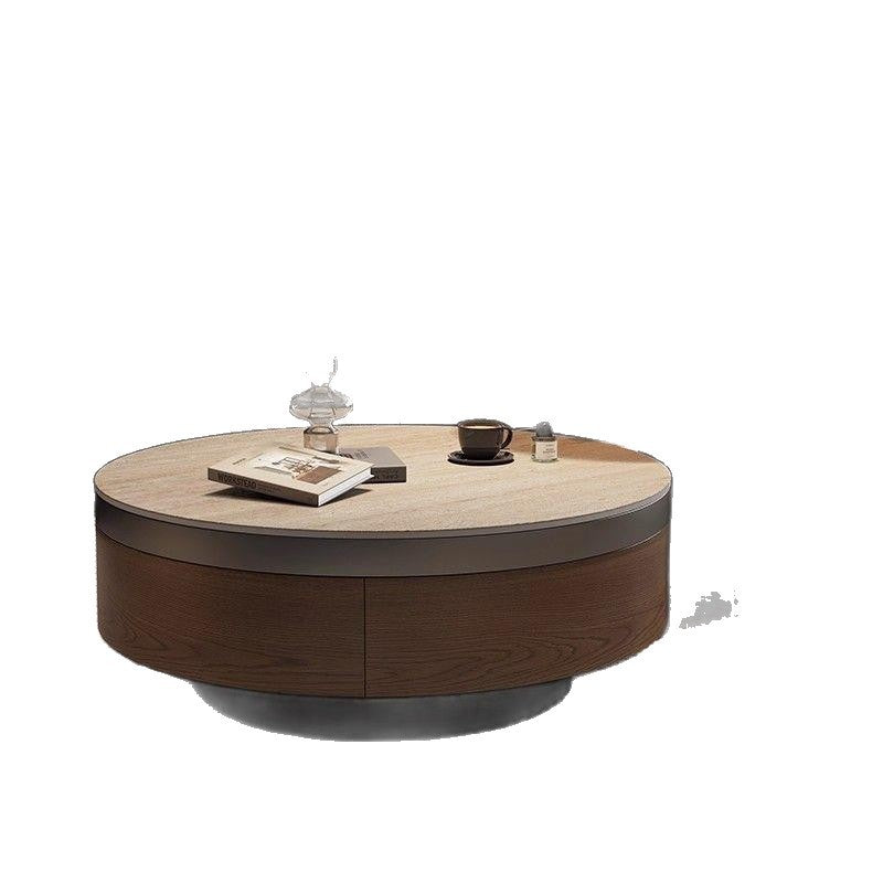 Travertine rock slab coffee table set for home living room, premium light luxury retro style, walnut color cabinet, round coffee table combination