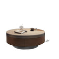 Travertine rock slab coffee table set for home living room, premium light luxury retro style, walnut color cabinet, round coffee table combination