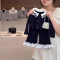 【dropshipping】 girls' autumn outfit: designer-inspired tweed-style top with lace trim and flared pants two-piece set