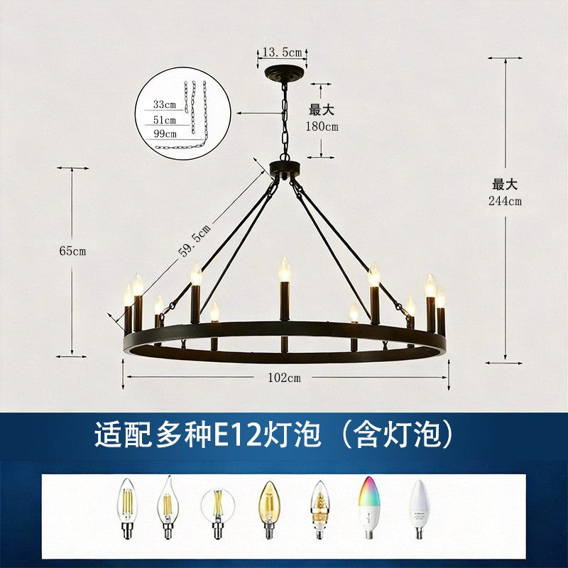 American industrial double-layer ring personalized chandelier house high-ceiling living room multi-head iron chandelier hotel engineering chandelier