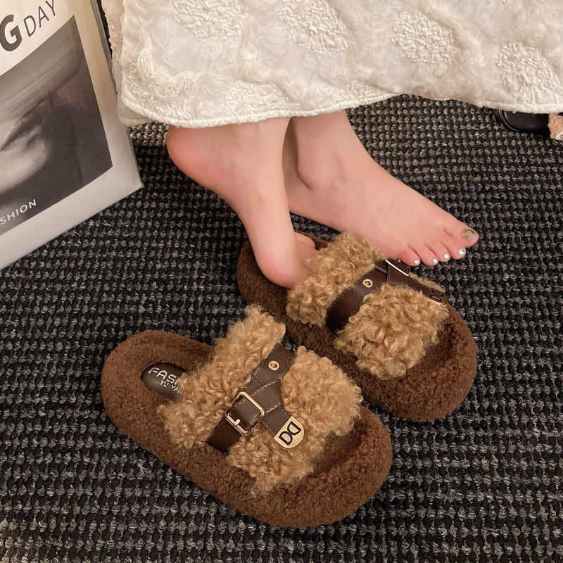 One-line fur slippers for women fashionthick sole belt buckle height-increasing outwear slippers easiest for match home stuffed soft bottom slippers