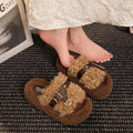 One-line fur slippers for women fashionthick sole belt buckle height-increasing outwear slippers easiest for match home stuffed soft bottom slippers