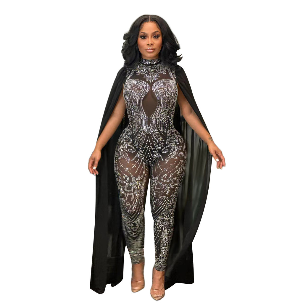 S390446  Cross-border Foreign Trade Fashion Sexy Mesh Perspective Hot Diamond Sleeve Suspender Jumpsuit Women
