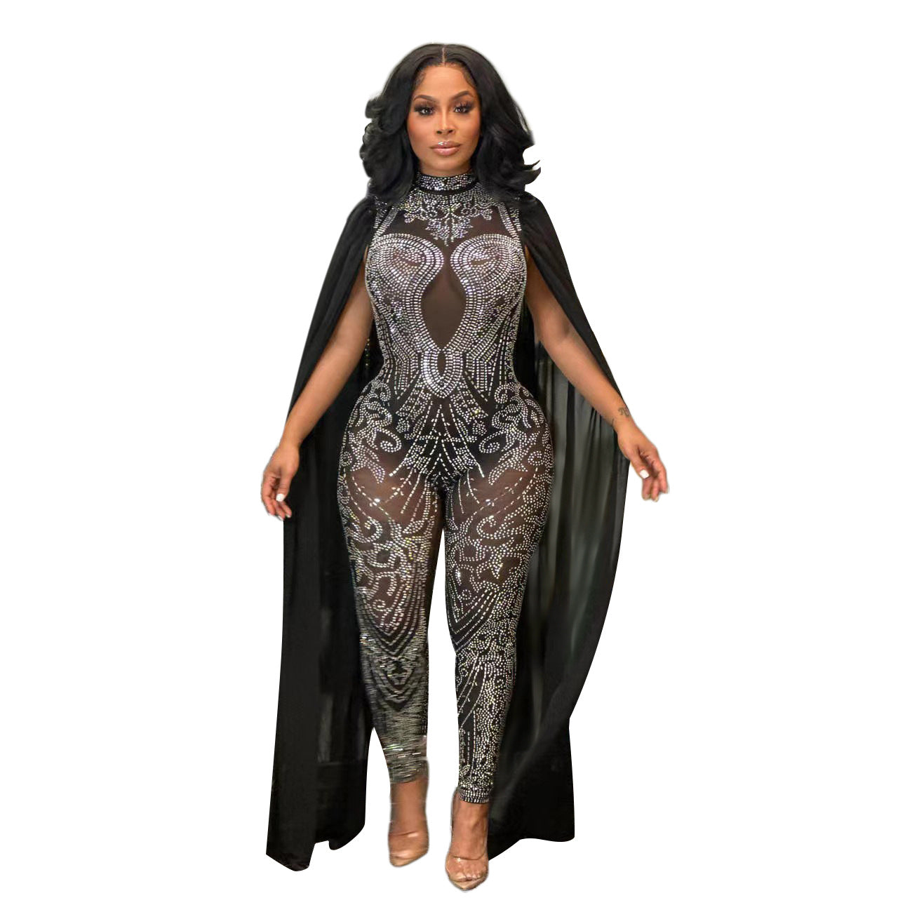 S390446  Cross-border Foreign Trade Fashion Sexy Mesh Perspective Hot Diamond Sleeve Suspender Jumpsuit Women