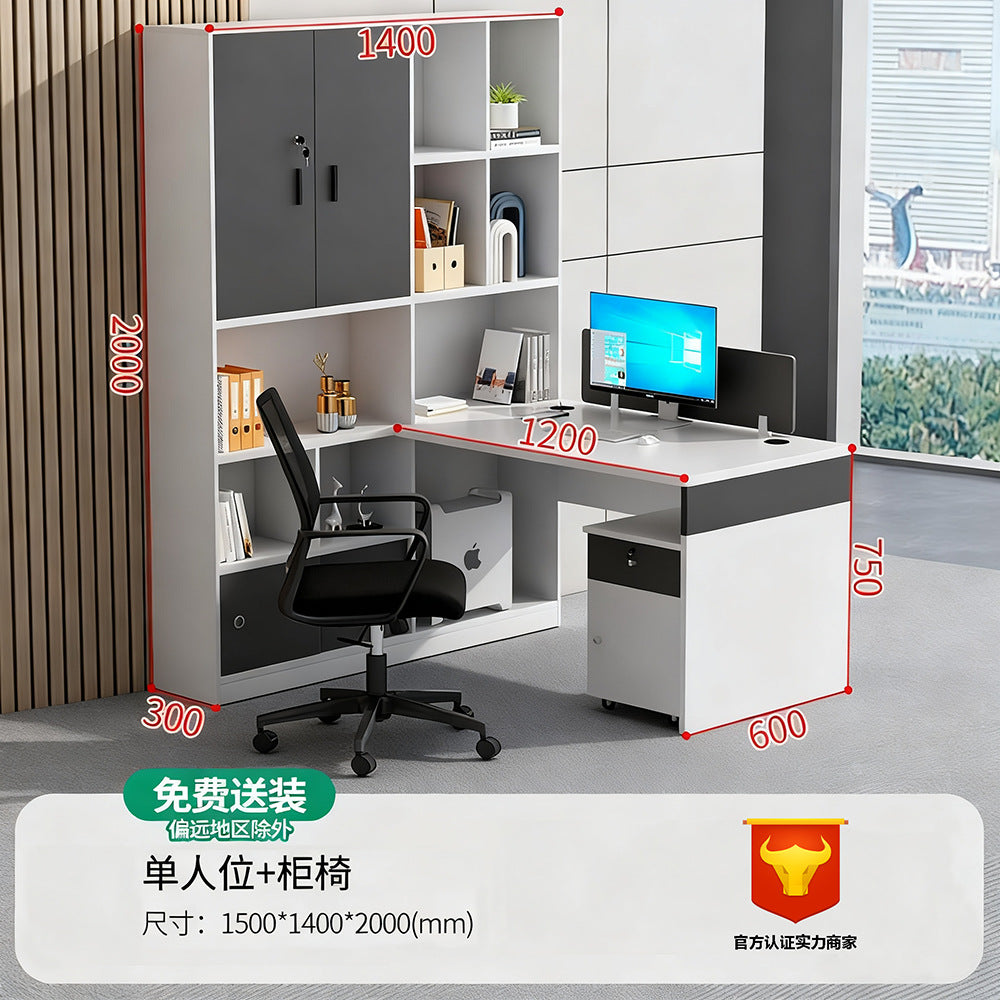 Financial office desk set - executive office desk with high cabinet, two-seat facing configuration for accountants and managers