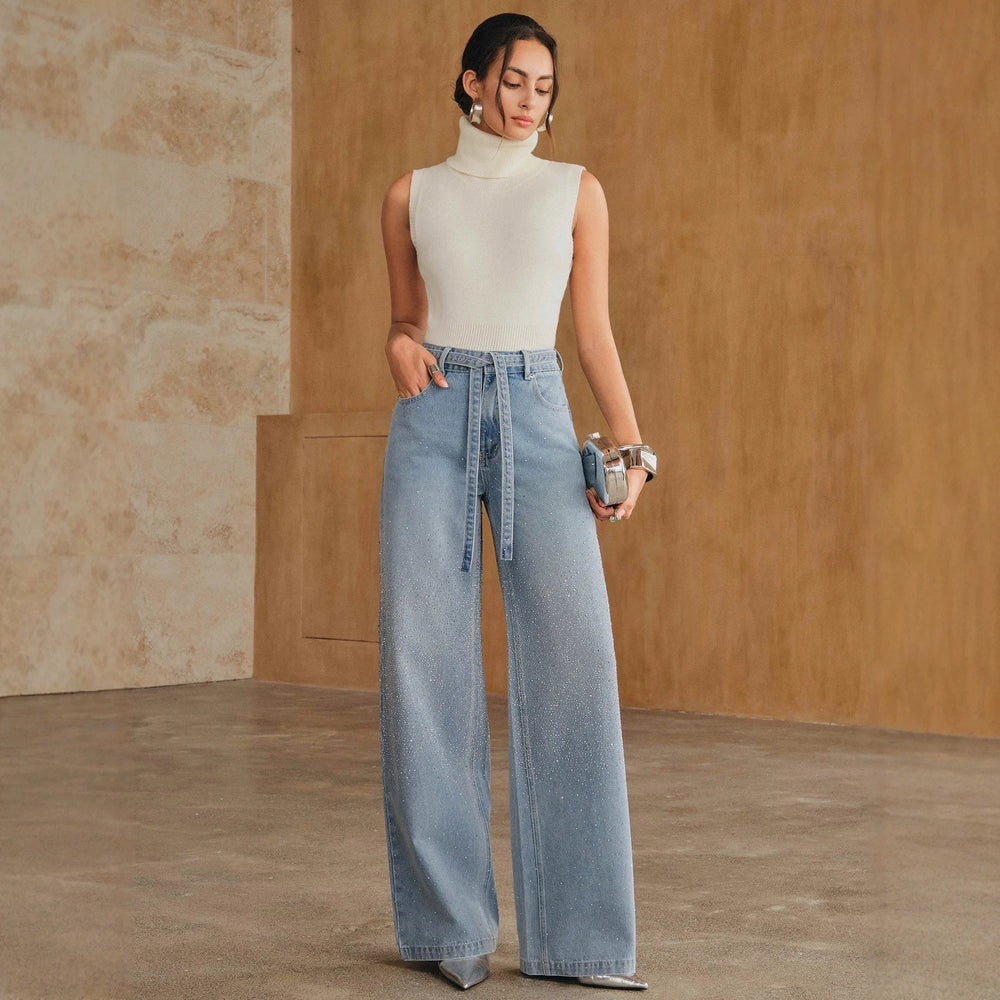 Fashionjeans women's full-width hot diamond with the same material belt light blue washed high waist wide-leg mop denim pants