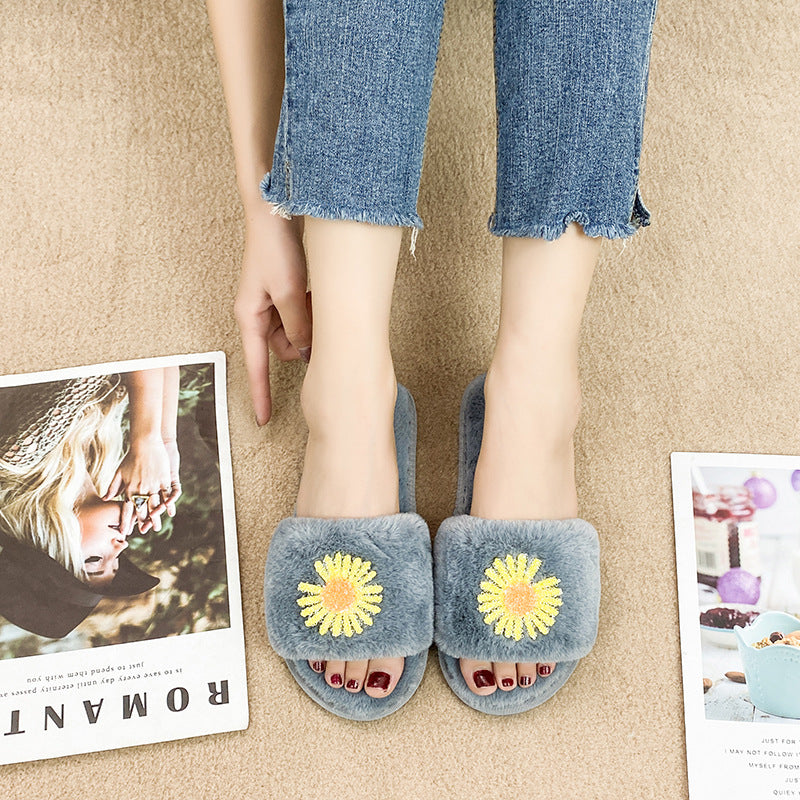 Winter japanese-style daisy print couple's slippers, indoor floor warm home shoes, postpartum care faux rabbit fur plush slippers