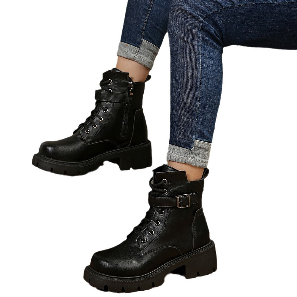 Thick sole round toe boots women's belt buckle thin velvet short boots fall and winternew arrival side zipperexportplus size leather boots