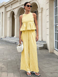 cross-border fashion: european & american  style - sleeveless round neck ruffle hem top with high-waisted straight-leg pants