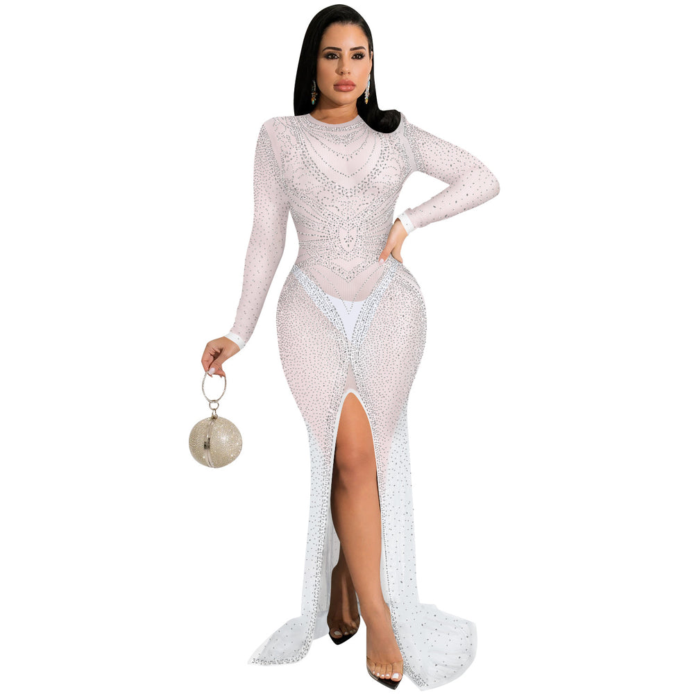 X5595  fashionable european and american style nightclub rhinestone embellished women's mesh see-through long sleeve slit maxi dress