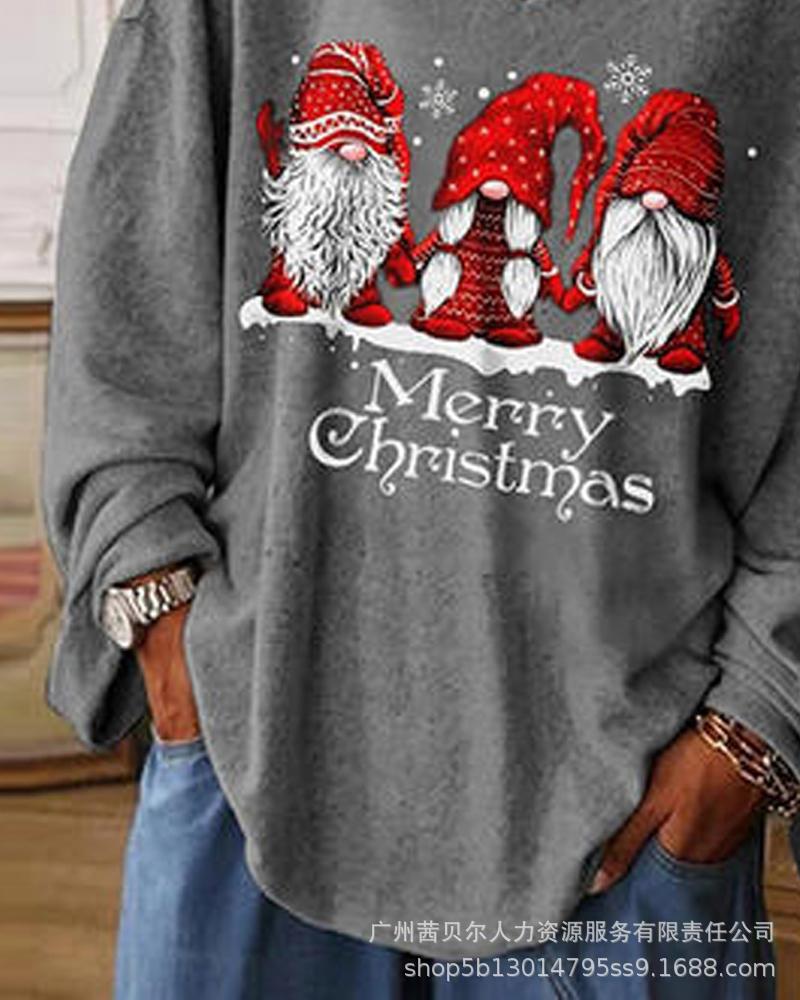 European and American autumn and winter new Christmas printing loose V-neck pullover large size long-sleeved T-shirt-APU7149