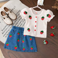 new product girl fashion style lady pure colorcute strawberry short-sleeved knittingcardigan + skirt series suit