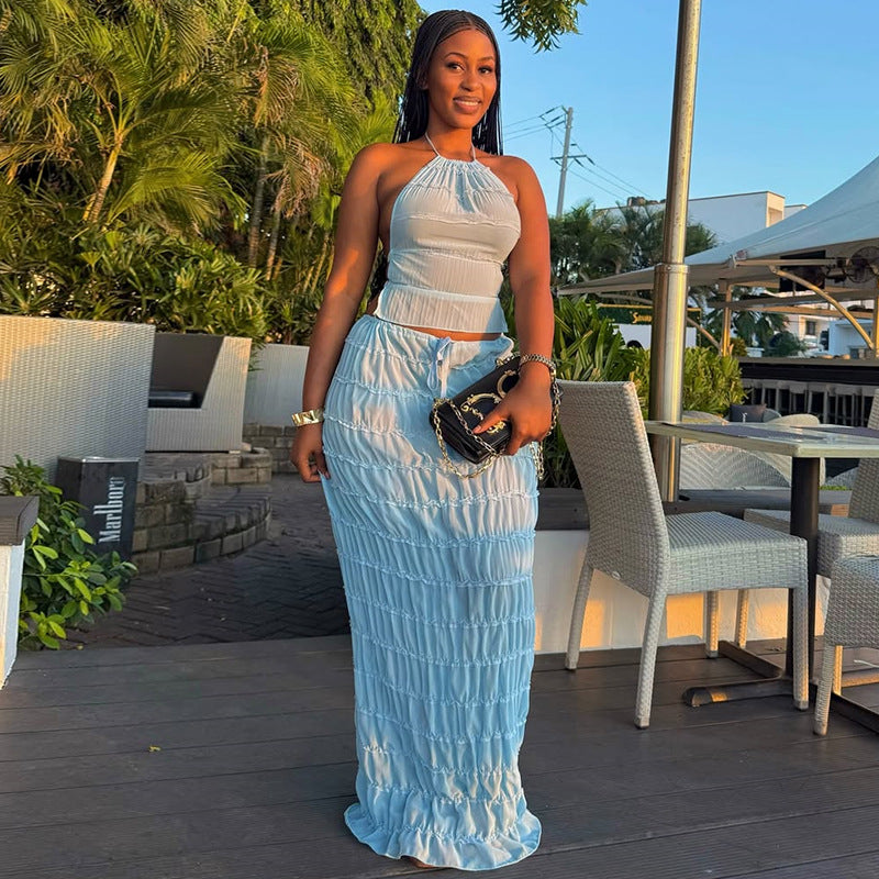 European and american cross-border women's fashion  summer new sexy blue halter top and tie-waist midi skirt set