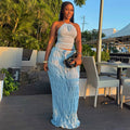 European and american cross-border women's fashion  summer new sexy blue halter top and tie-waist midi skirt set