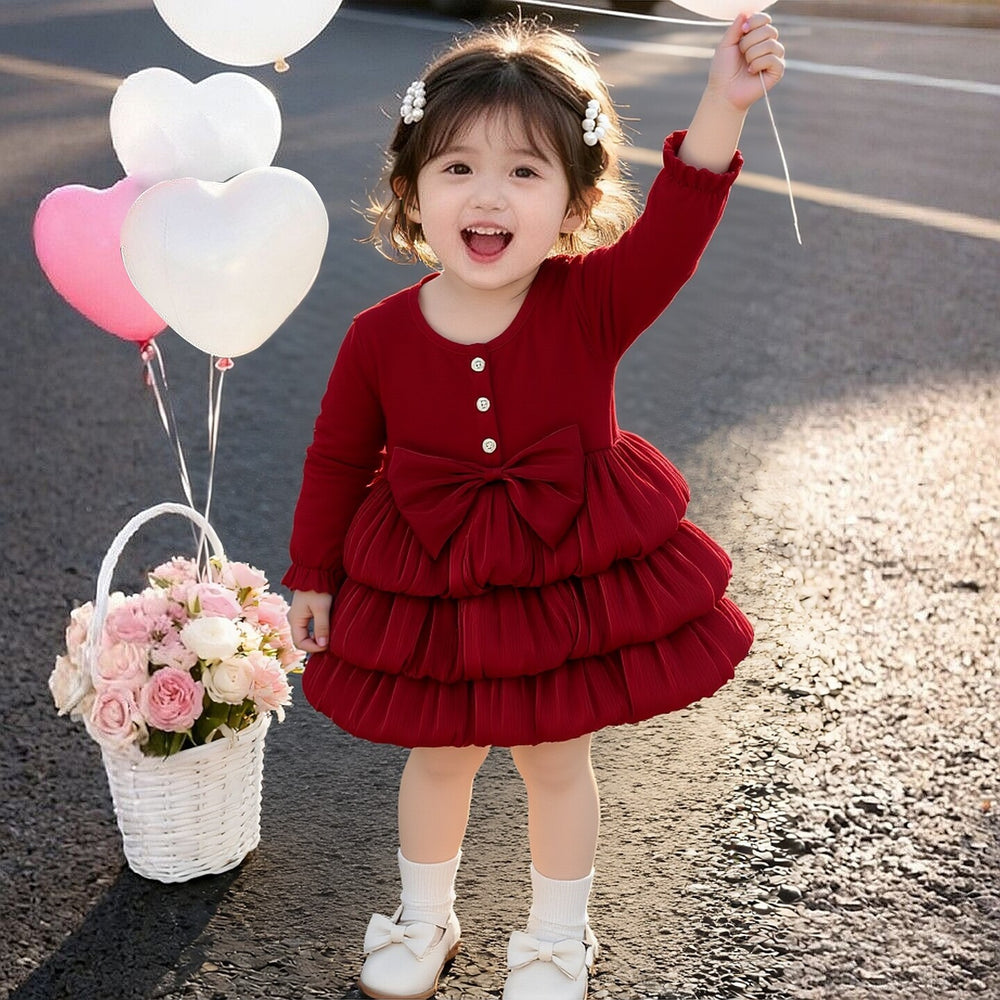 spring/autumn new girls' dress - sweet, long-sleeved princess dress with large bow for kids and babies