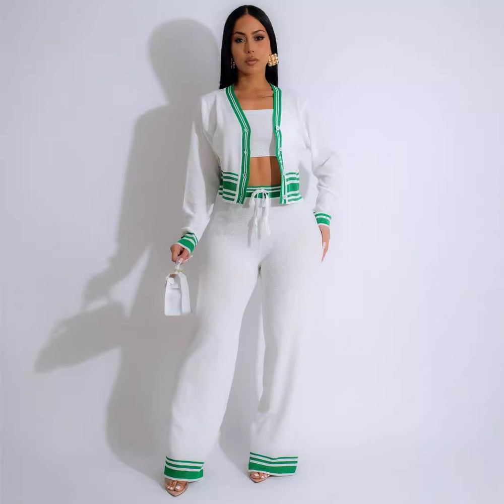 e-commerce source factory: new autumn/winter european and american style women's striped cardigan knit casual three-piece set