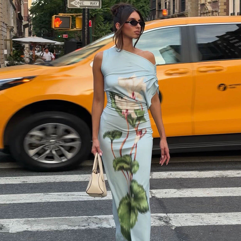 European and american style cross-border slim-fit women's plant print bodycon dress - elegant outdoor asymmetrical neck sleeveless hiking dress