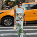 European and american style cross-border slim-fit women's plant print bodycon dress - elegant outdoor asymmetrical neck sleeveless hiking dress