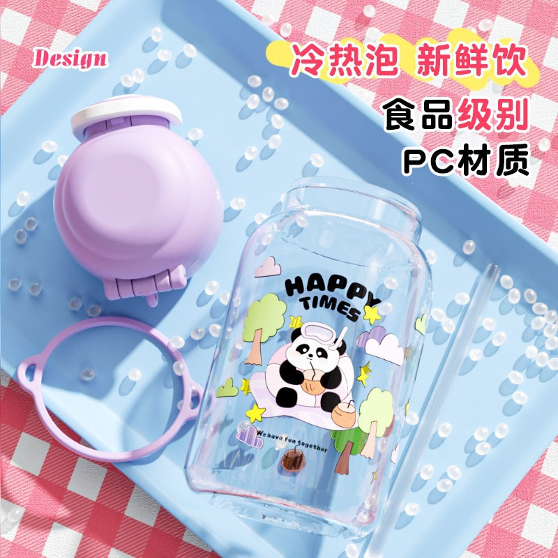 Cartoon panda kids water bottle, plastic cup, student food-grade double-drink straw cup with strap, portable water bottle, large capacity