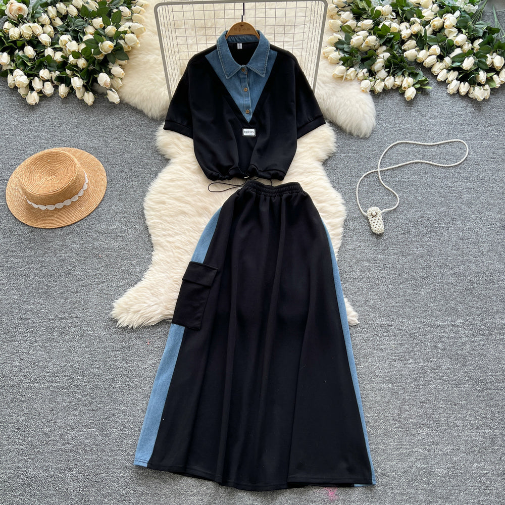 Salt style light mature two-piece set women's summer drawstring waist fake two-piece short-sleeved topshigh waist denim patchwork skirt