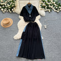 Salt style light mature two-piece set women's summer drawstring waist fake two-piece short-sleeved topshigh waist denim patchwork skirt