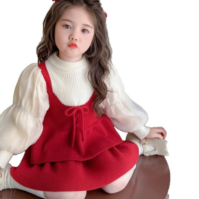 Kidssweaterdress new year's greetings wear knitting long skirt fall and winternew arrival princess skirt girlsweater skirt
