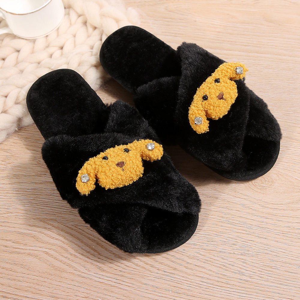 2024 autumn/winter cartoon crossover slippers, thick sole, open toe, fuzzy slippers, plus size women's warm non-slip home cotton slippers
