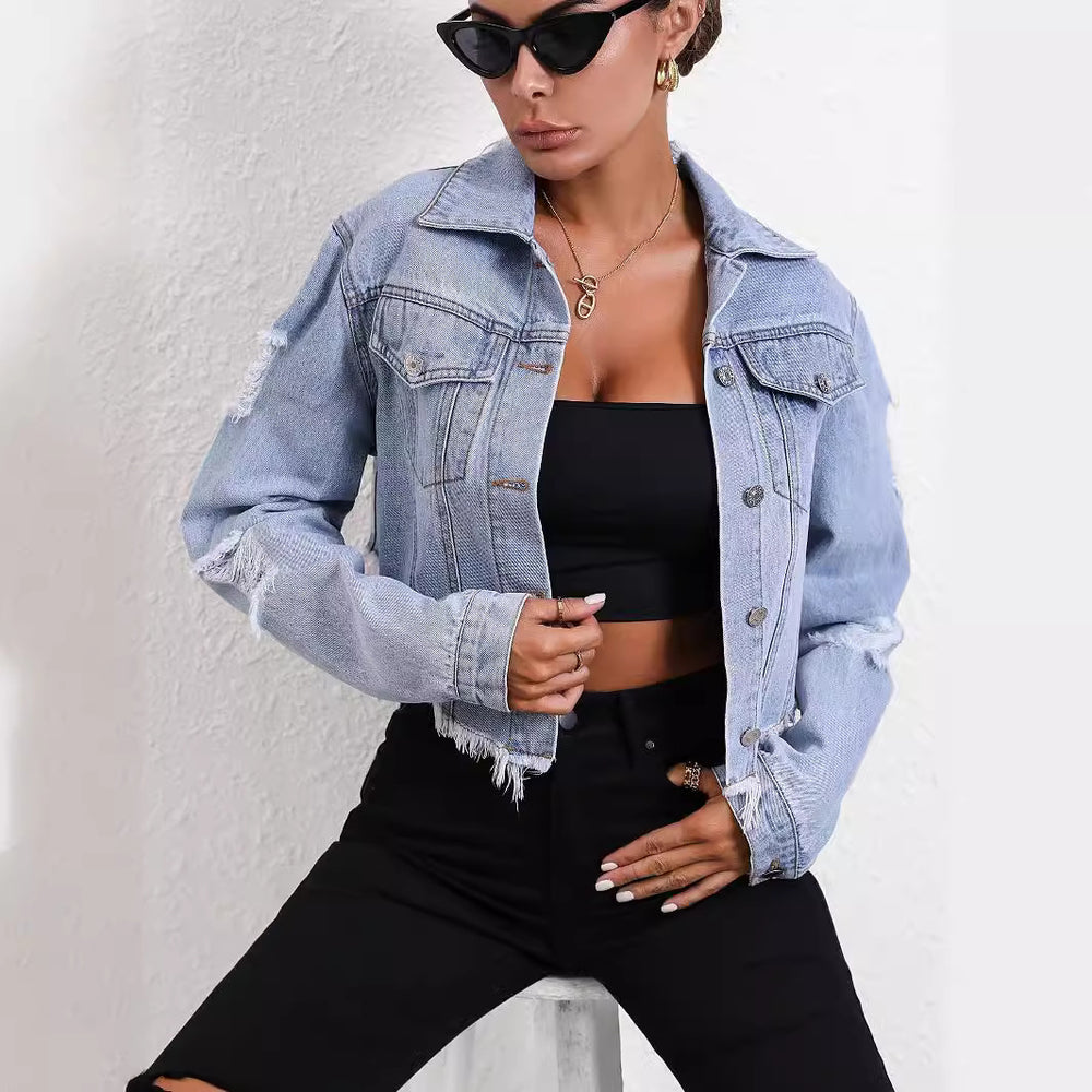 39-35705# cross-border fashionexport women's ins casual loose ripped long-sleeved short denim jacket