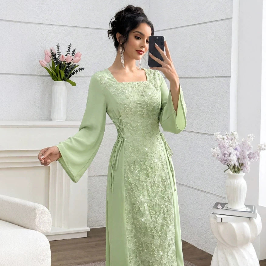 European and american cross-border  hot-selling embroidered maxi dress: sheer mesh floral long sleeve, slimming and figure-flattering, chinese style dress