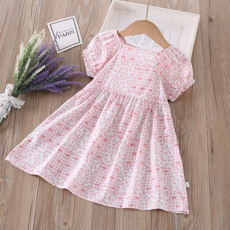【matching family outfits】girls' cotton silk floral dress - princess style, stylish print, and puff sleeve skirt