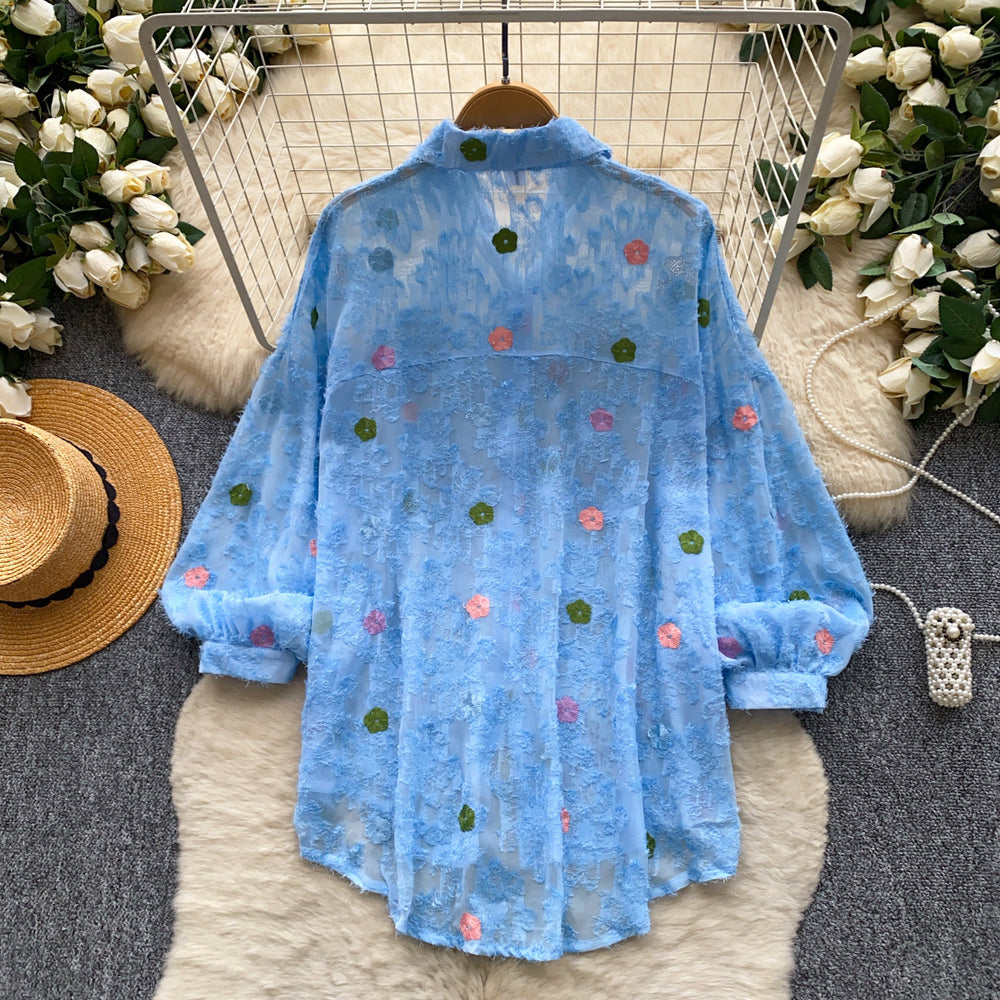 Commuter style blue printingshirt women's long sleeves loosecardigan light and breathable sun protection outer topsautum